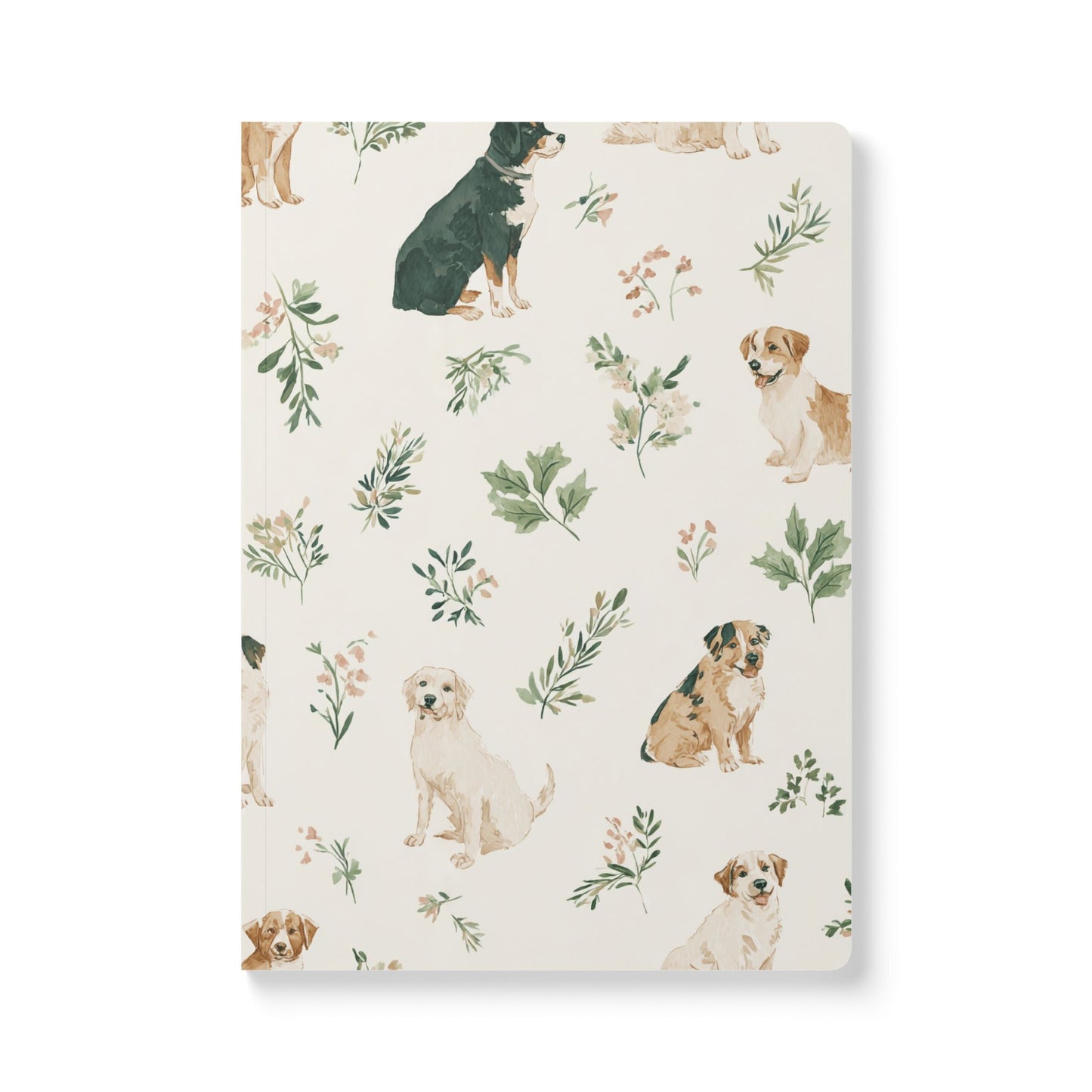 Dog Pattern Softcover Journal — Watercolor Puppies & Botanical Lined Notebook