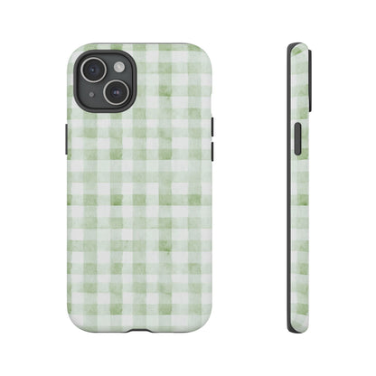 Green Gingham Tough Phone Case — Durable Plaid iPhone Protective Cover