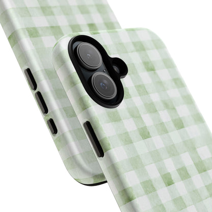 Green Gingham Tough Phone Case — Durable Plaid iPhone Protective Cover