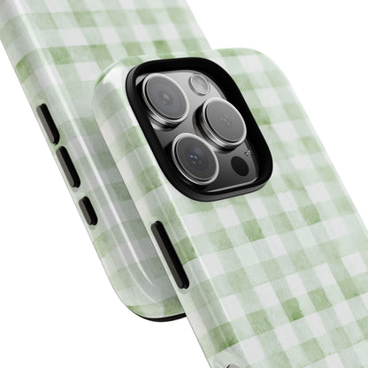 Green Gingham Tough Phone Case — Durable Plaid iPhone Protective Cover