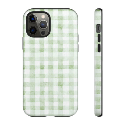 Green Gingham Tough Phone Case — Durable Plaid iPhone Protective Cover