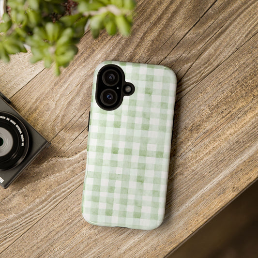 Green Gingham Tough Phone Case — Durable Plaid iPhone Protective Cover