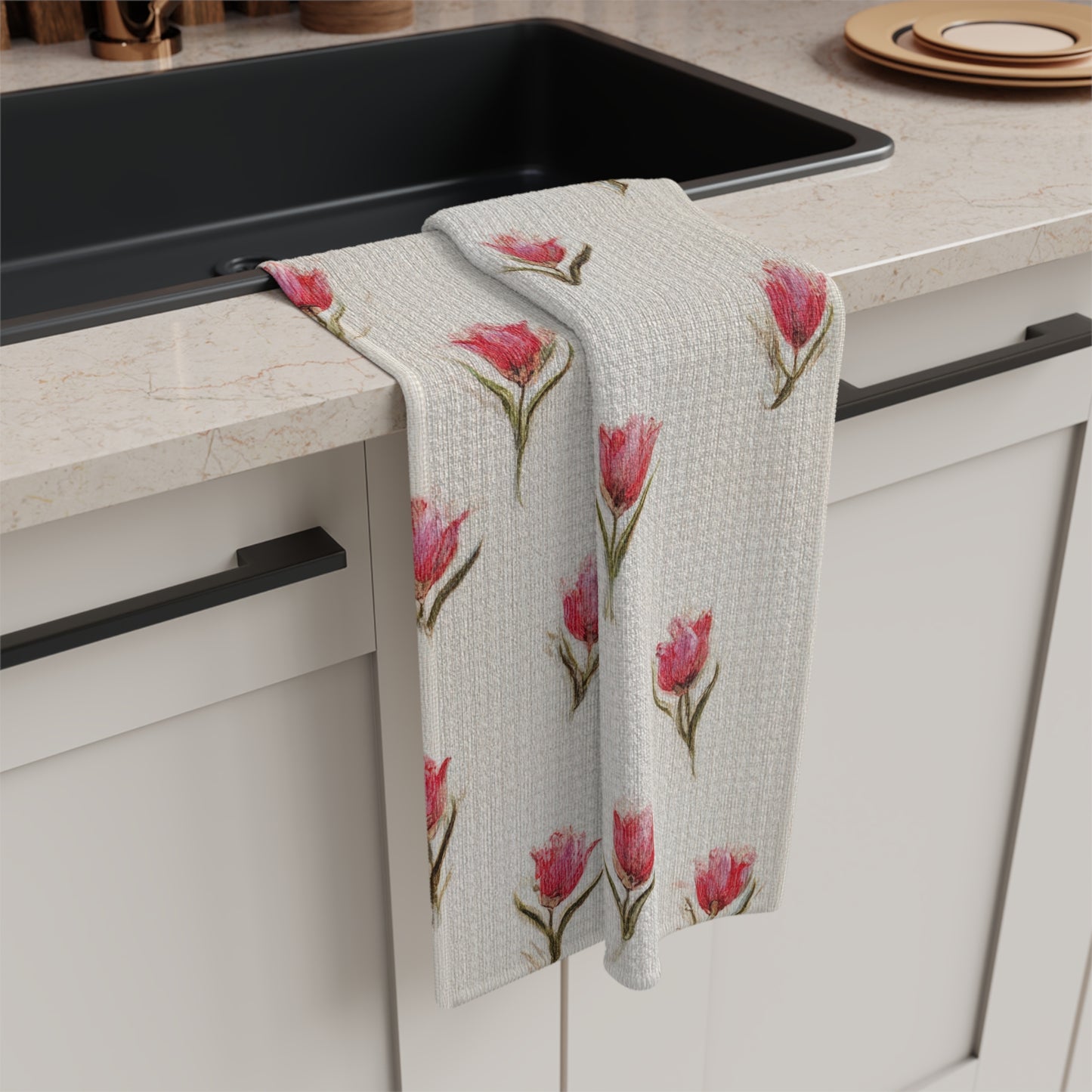 Pink Tulip Microfiber Tea Towel — Floral Kitchen Decor & Gift