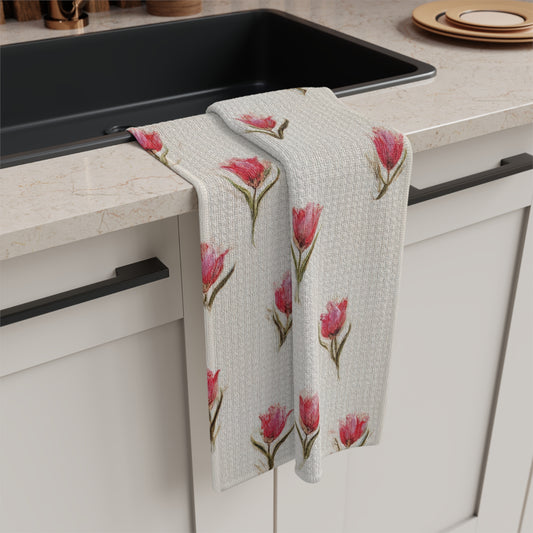 Pink Tulip Microfiber Tea Towel — Floral Kitchen Decor & Gift