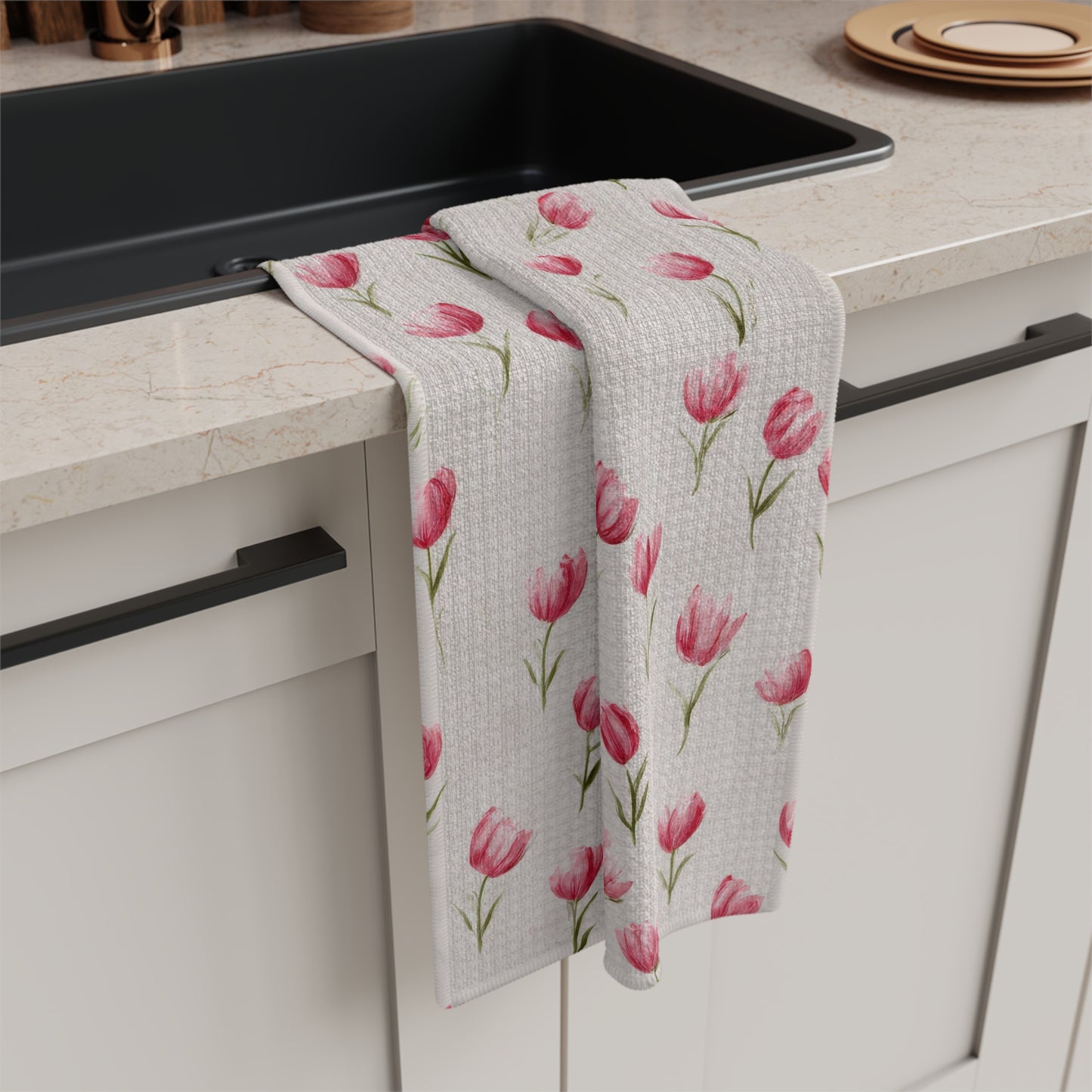 Pink Tulip Microfiber Tea Towel — Floral Kitchen Dish Towel