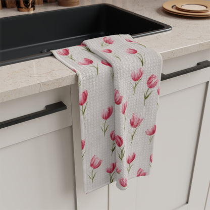 Pink Tulip Microfiber Tea Towel — Floral Kitchen Dish Towel