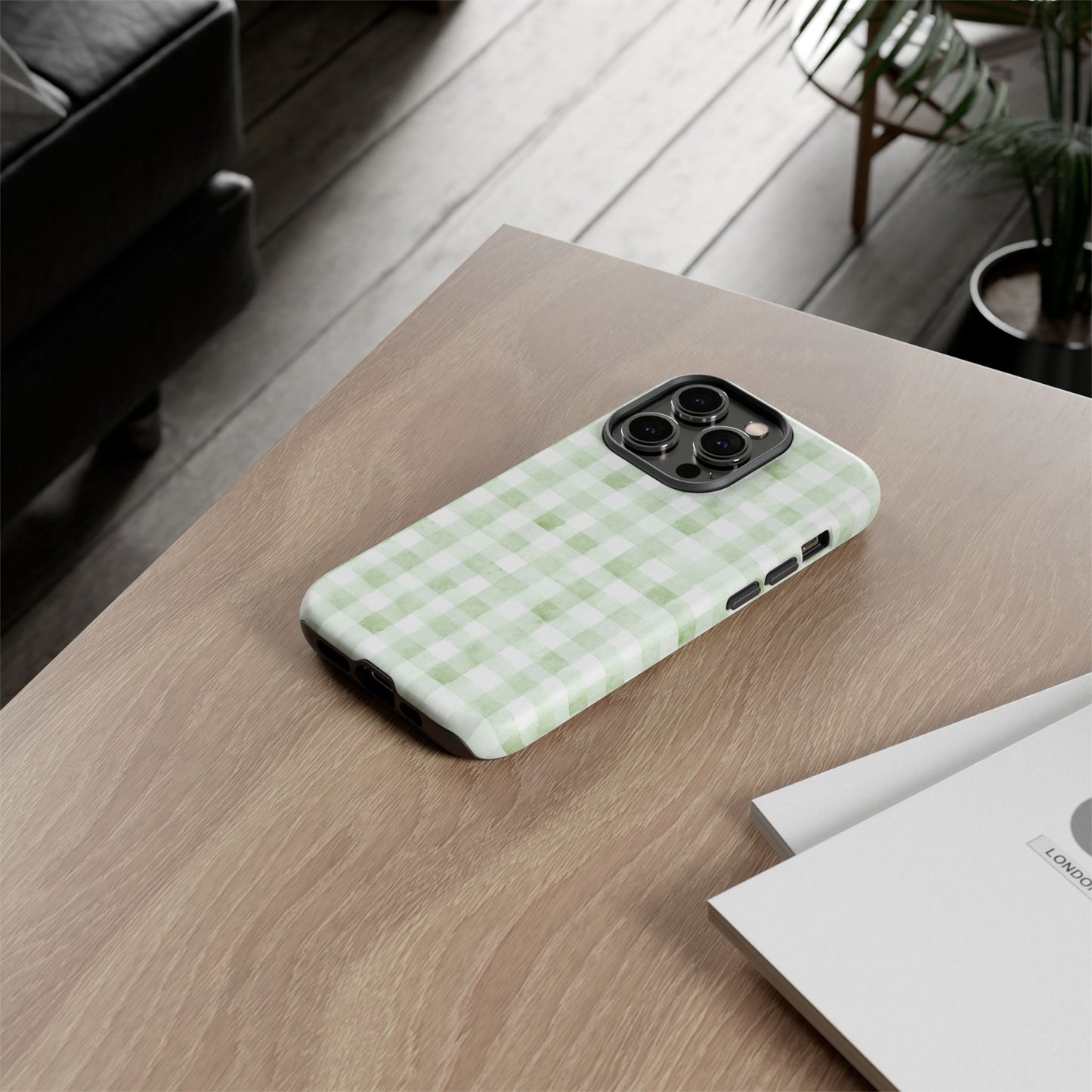 Green Gingham Tough Phone Case — Durable Plaid iPhone Protective Cover