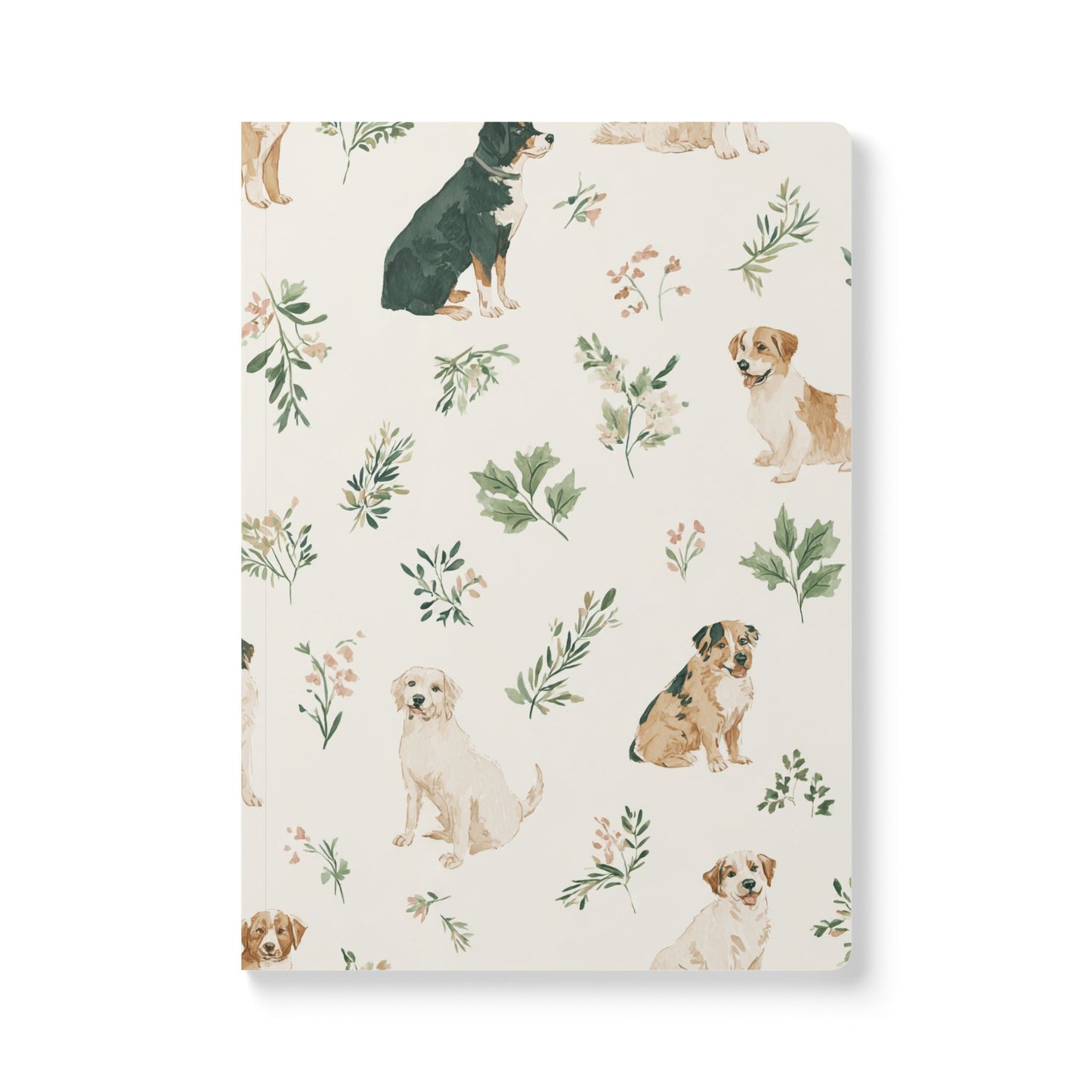 Dog Pattern Softcover Journal — Watercolor Puppies & Botanical Lined Notebook
