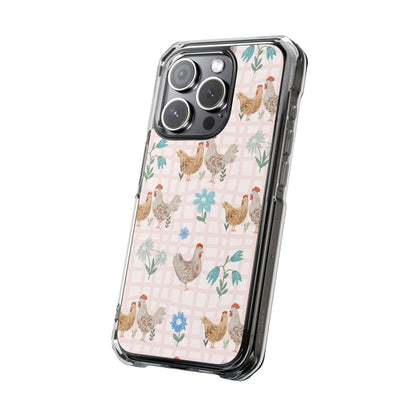 Clear Magnetic Phone Case — Pastel Farmyard Chickens Pattern