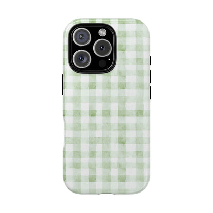 Green Gingham Tough Phone Case — Durable Plaid iPhone Protective Cover