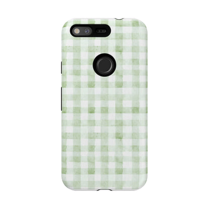 Green Gingham Tough Phone Case — Durable Plaid iPhone Protective Cover