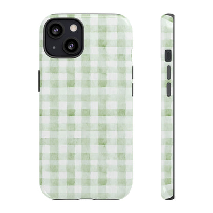 Green Gingham Tough Phone Case — Durable Plaid iPhone Protective Cover
